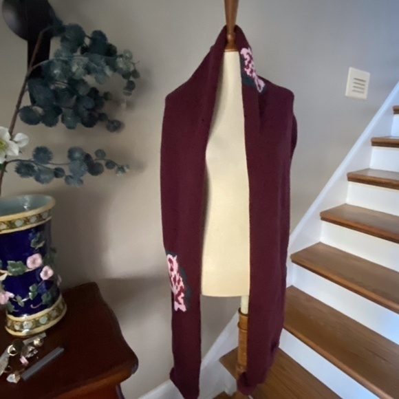 Anthropologie Burgundy Rose Embroidered Pom Scarf - Picture 8 of 8